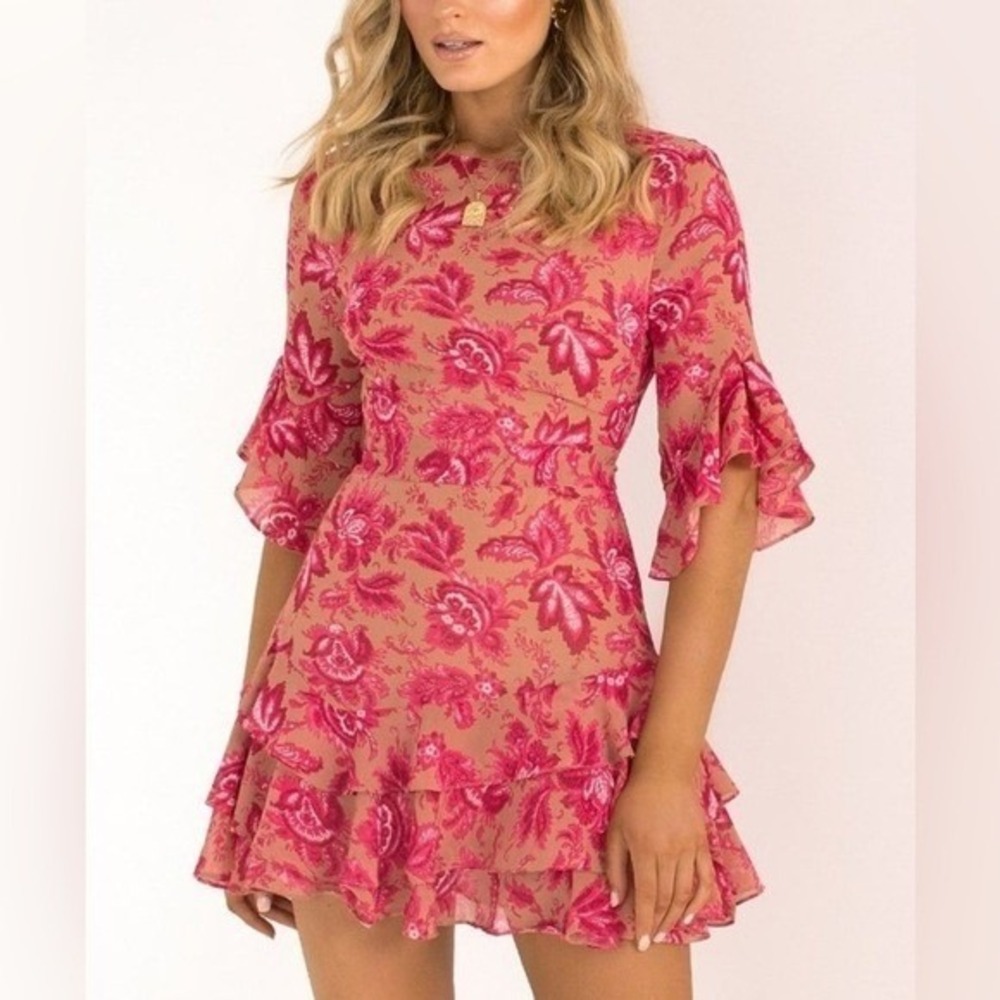 Sundae Muse Boho Floral Mini Dress 6 Pink Tan Ruffle Tiered Open Back Festival